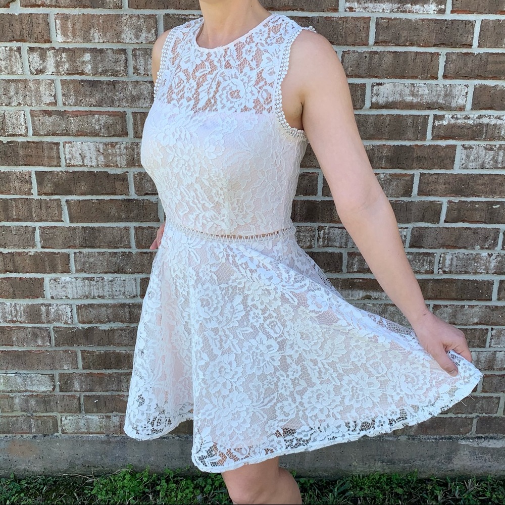 Jodi Kristopher White Lace Dress with Blush Lining